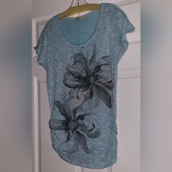 ROBIN'S NEST SS TEAL BLUE SCOOPNECK FLORAL BLOUSE MEDIUM - Picture 1 of 8